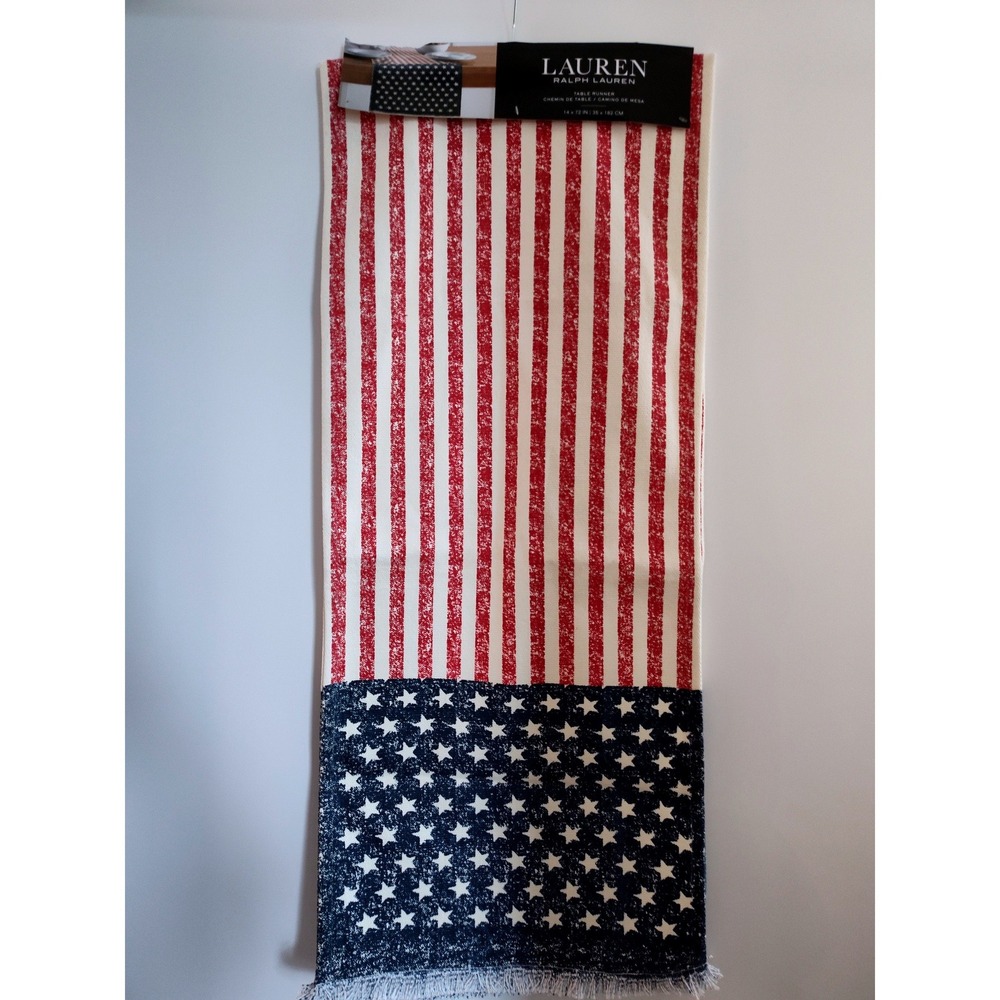 Lauren Ralph Lauren American Flag Stars Stripes Table Runner 14x72 Cotton NEW